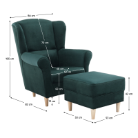 kreslo ASTRID s taburetom - rozmery, po�ah: l�tka Riviera 38 zelen� / drevo