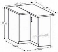 kuchynsk linka ROYAL D90N rohov skrinka spodn, perokresba - rozmery, ilustran obrzok